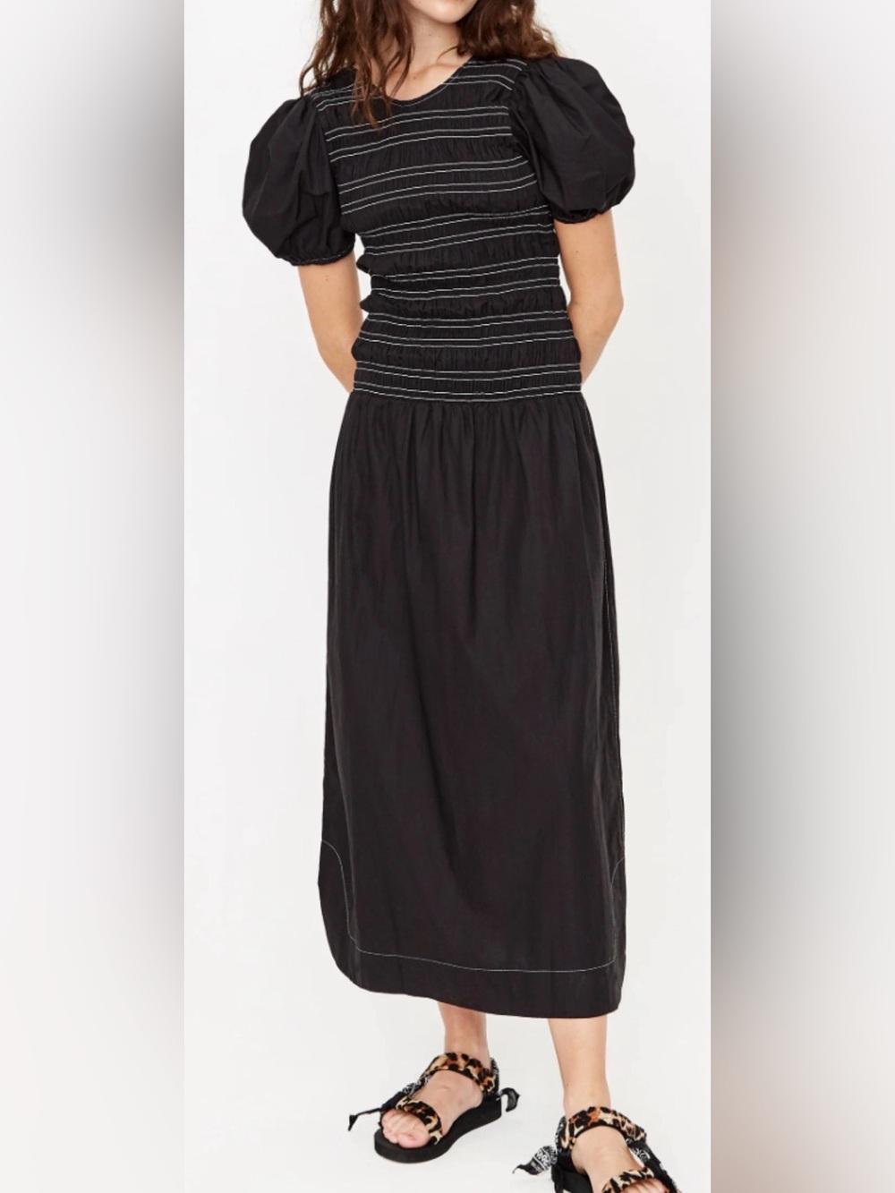 NWT Ganni. Cotton Poplin Smocked Low Back Midi Dress Black White Size EU40/ US 8